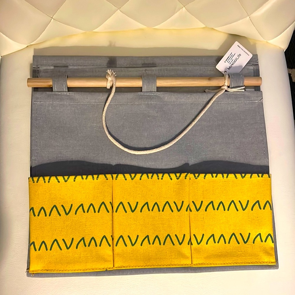 New With Tags Gray and Yellow Artsy Organizer with three rows of pockets
